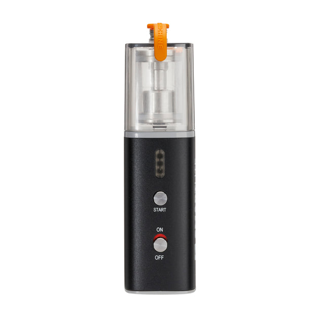 Black fog machine device with a clear top section on a white background