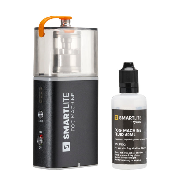 Smartlite fog machine and fluid bottle on a white background