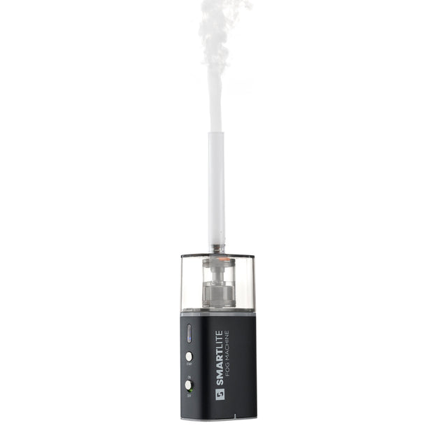 Black Smart Lite fog machine device with a clear chamber on a white background