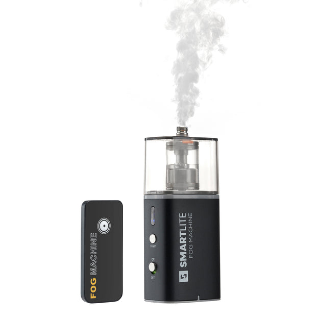 Black fog machine with a remote control panel on a white background