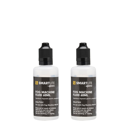 Two bottles of SmartLite fog machine fluid on a white background